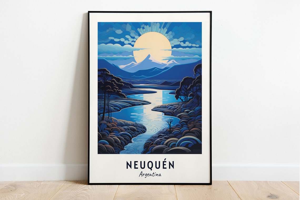 Neuquen Argentina Blue Mountain River Valley Under Full Moon Poster