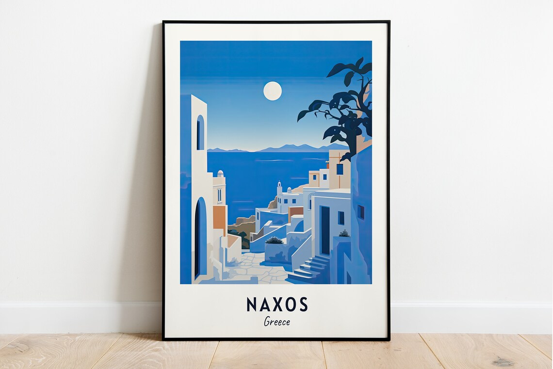 Naxos Blue Hour Alley Stairs Moon Over the Sea Travel Poster