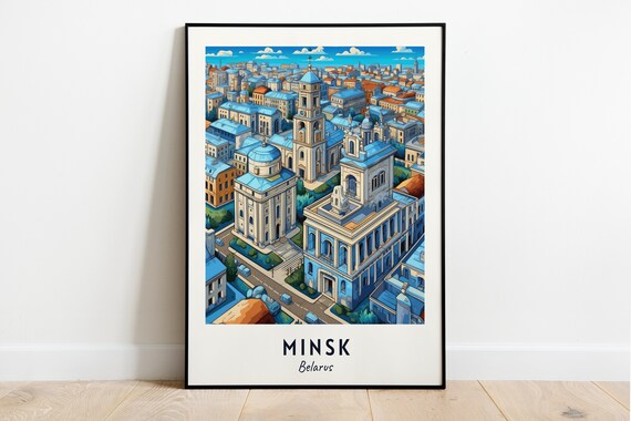 Minsk Belarus Aerial Cityscape Blue Rooftop Cathedral Travel Poster