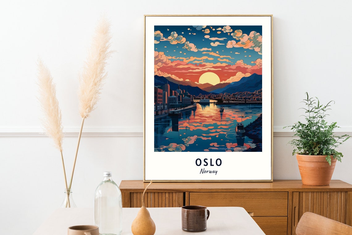 Oslo Norway Waterfront Dusk Sunset Mountains Boat Travel Poster - Image 2