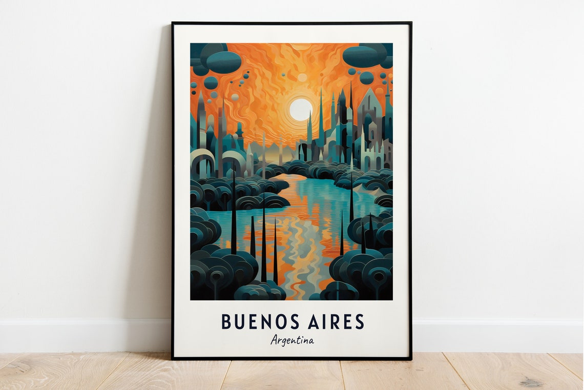 Buenos Aires Argentina Skyline Bold Orange Sunset Travel Poster