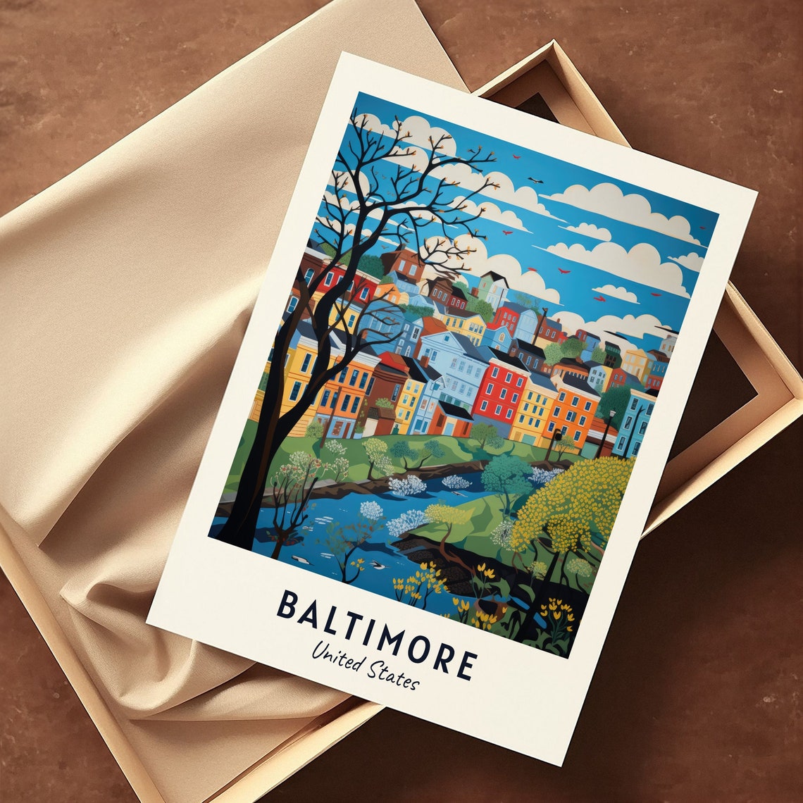 Baltimore United States Colorful Row Houses River Spring Scene Poster - Image 3