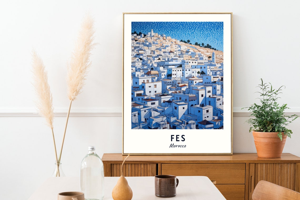Fes Morocco Whitewashed Medina Houses Cascade Hillside Art Poster - Image 2