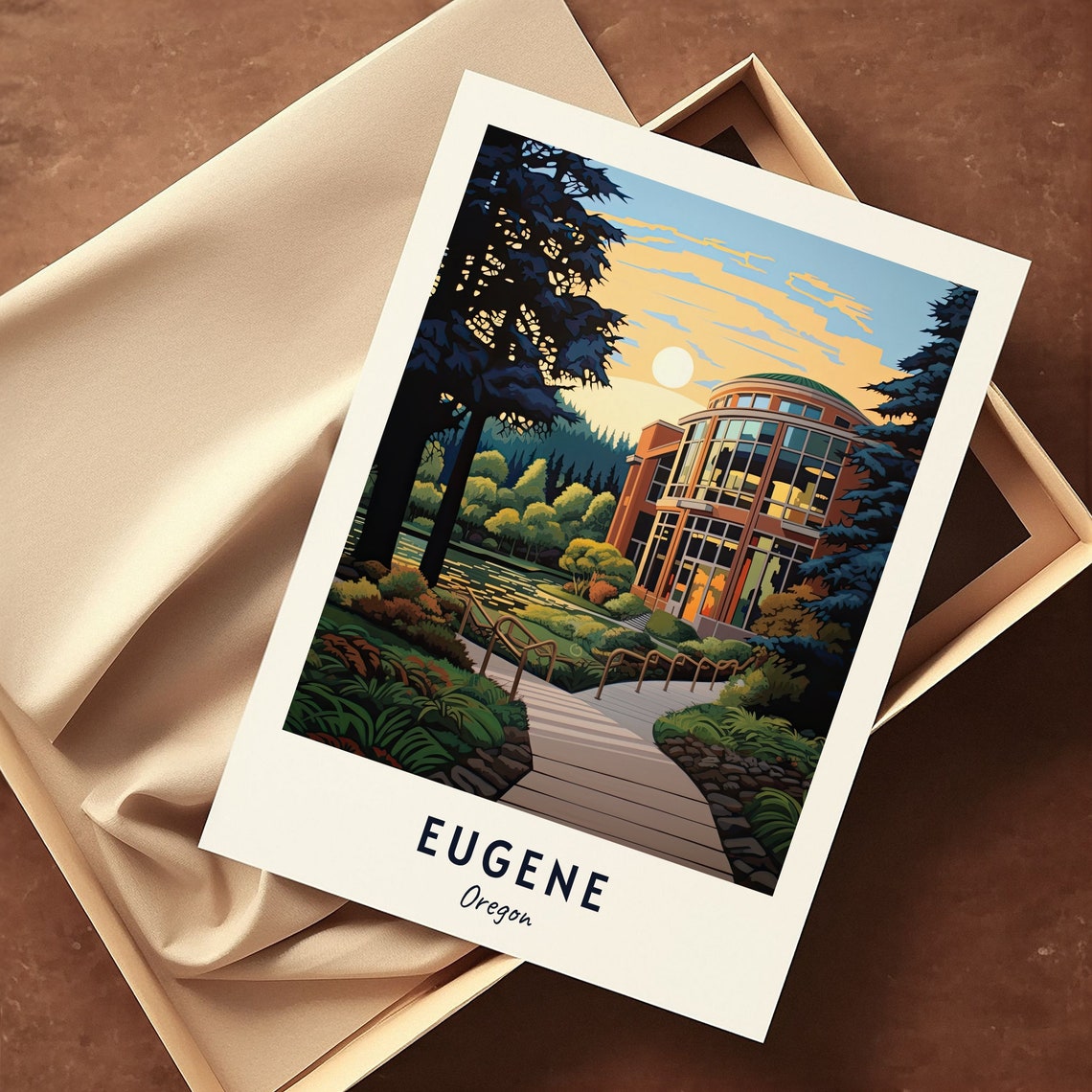 Eugene Oregon Riverfront University Building Sunset View Travel Poster - Image 3