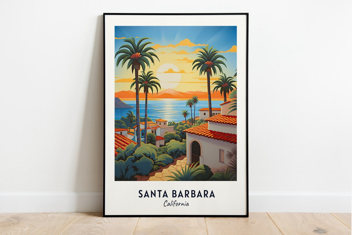 Santa Barbara California Sunset Palm Trees Coastal Villa Travel Poster