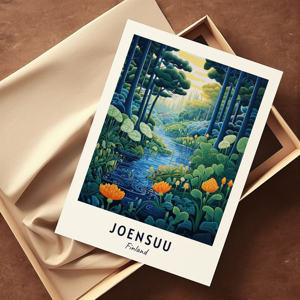 Joensuu Lush Forest Stream with Golden Wildflowers in Finland Poster - Image 3