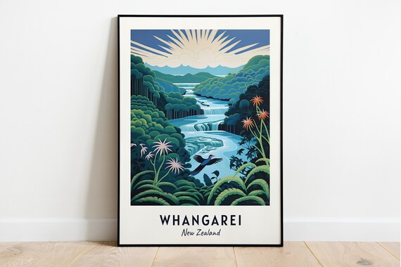 Whangarei New Zealand Waterfall Lush Forest Scene Travel Poster