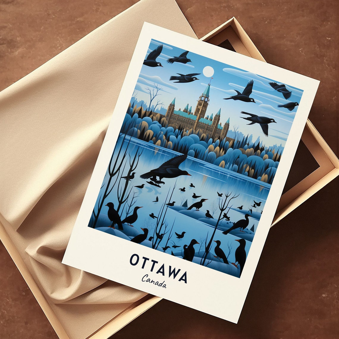 Ottawa Canada Parliament Hill Winter Birds Moon Travel Poster - Image 3