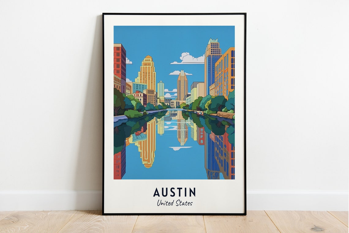 Austin Downtown Skyline Mirror River Reflection Travel Poster