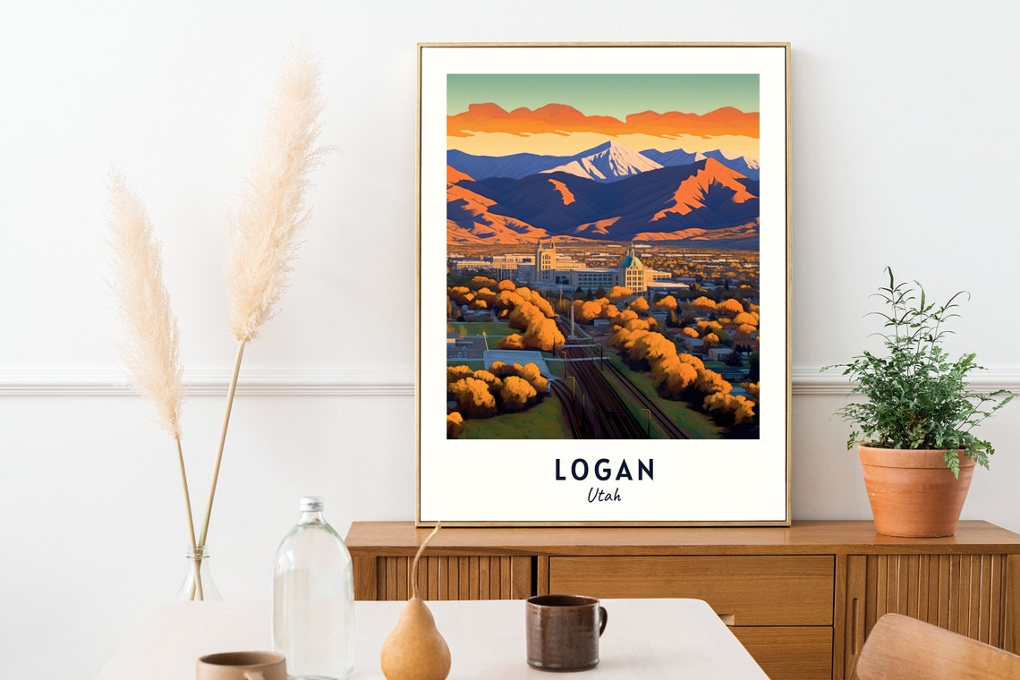 Logan Utah City Sunrise Mountain Peaks Fall Trees Travel Poster - Image 2