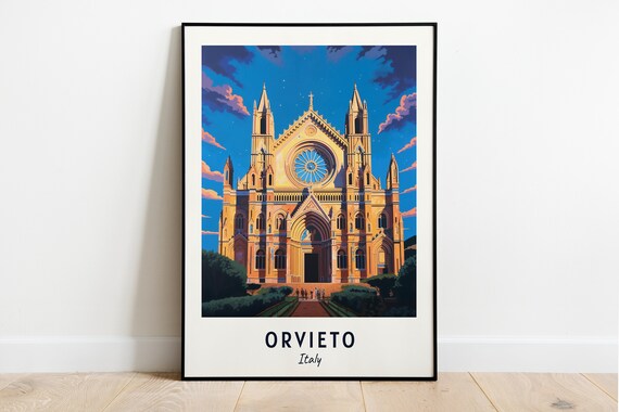 Orvieto Cathedral Gothic Facade Rose Window Twilight Travel Poster