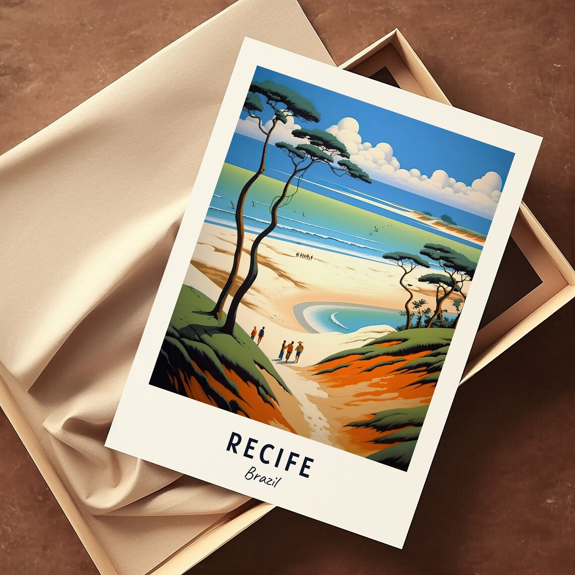 Recife Brazil Sandy Beach Palms And Walkers Tropical Coast Travel Poster - Image 3