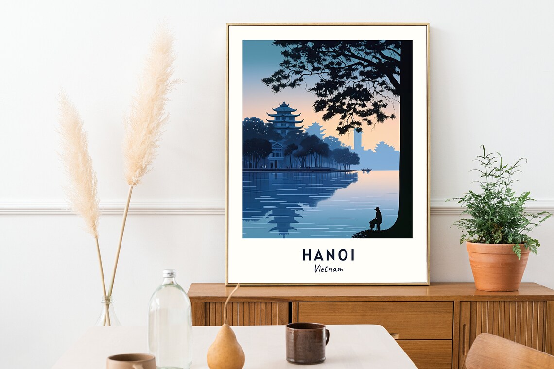 Hanoi Vietnam Hoan Kiem Lake Dusk Tower Reflection Silhouette Travel Poster - Image 2
