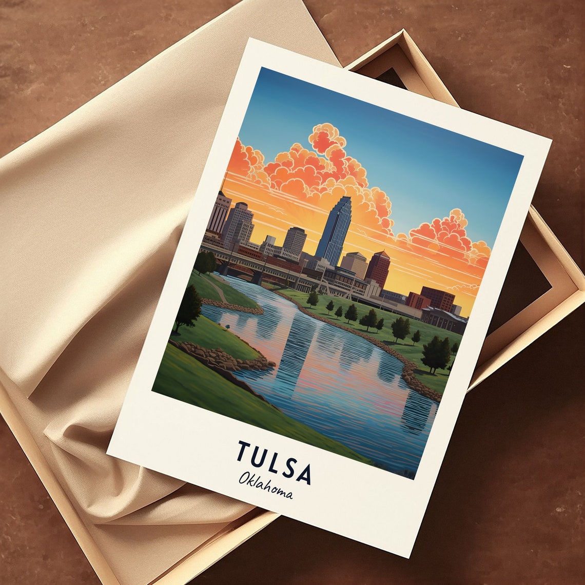 Tulsa Oklahoma Sunset Skyline Over River Bridge Evening Poster - Image 3