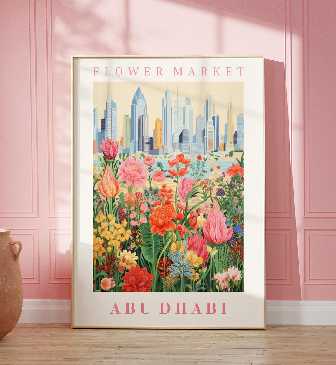 Abu Dhabi Flower Market Poster with Corniche Towers Tulip Garden Art