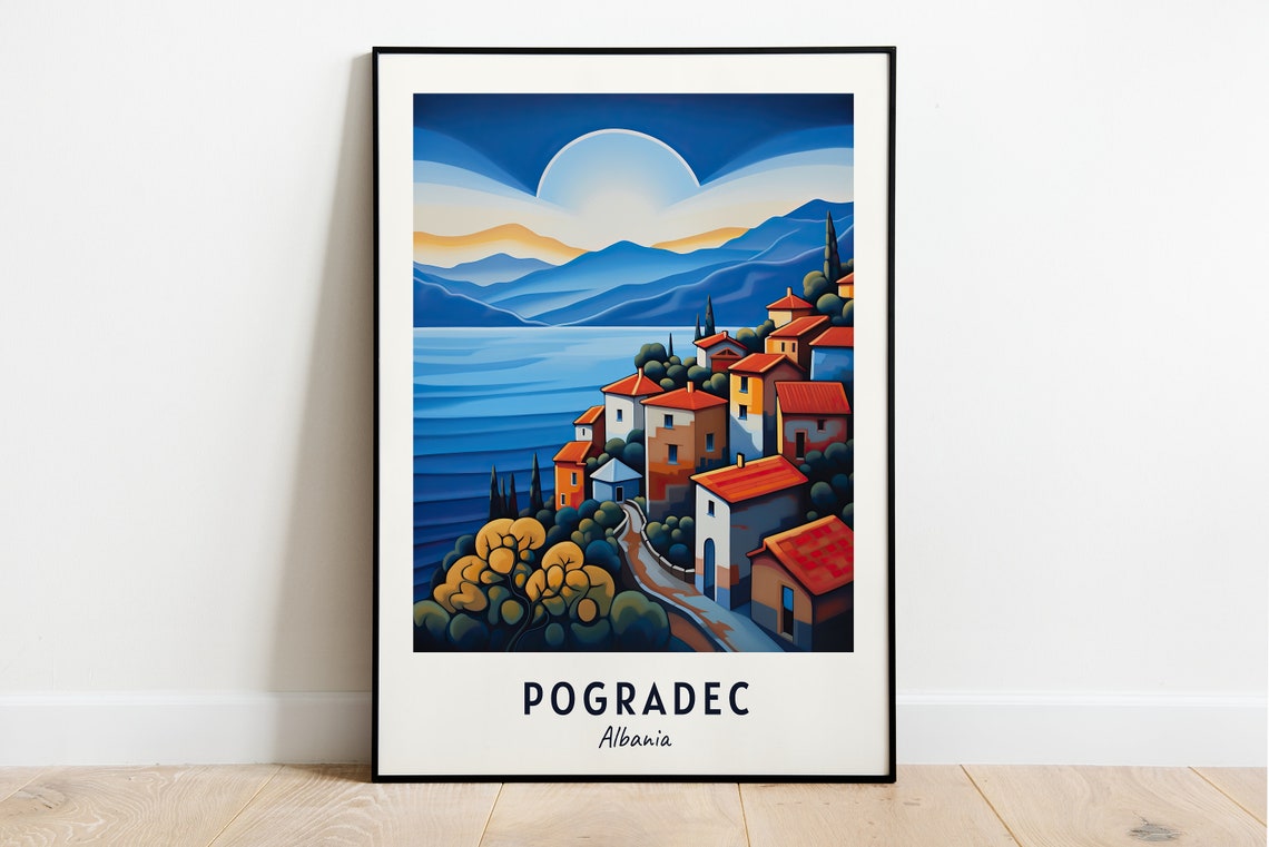 Pogradec Albania Moonlit Lakeside Night Scene Stylized Travel Poster