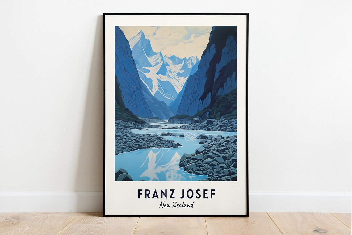 Franz Josef Glacier Valley River Snowy Peaks New Zealand Travel Poster