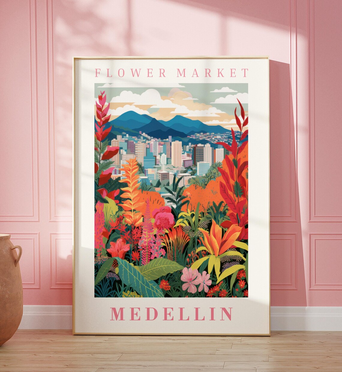 Medellin Flower Market Travel Poster, Floral Illustration