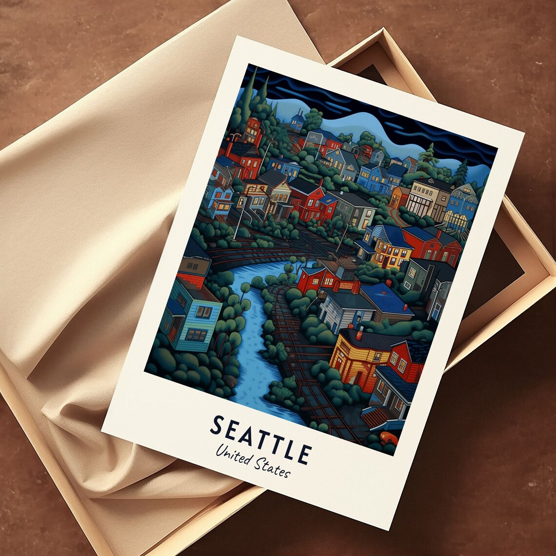 Seattle United States Colorful Hillside Night City Travel Poster - Image 3