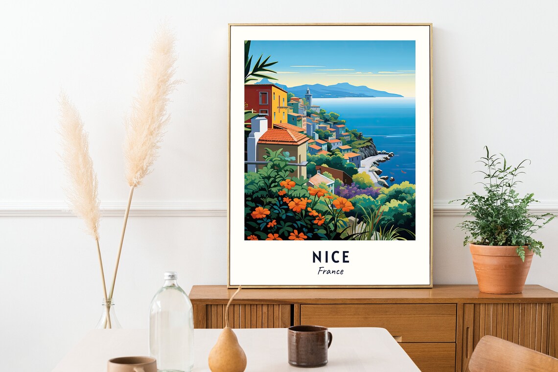Nice France Riviera Town Cliffside View With Orange Flowers And Sea Poster - Image 2