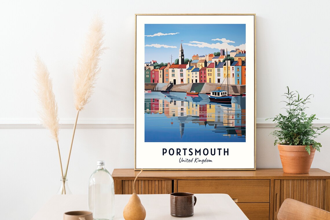 Portsmouth United Kingdom Colorful Waterfront Harbor Town Poster - Image 2