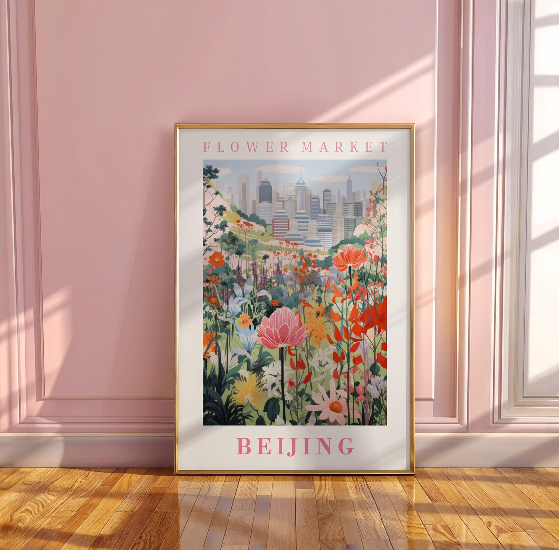 Beijing Flower Market Poster with Pink Peony City Skyline Garden Art - Image 3