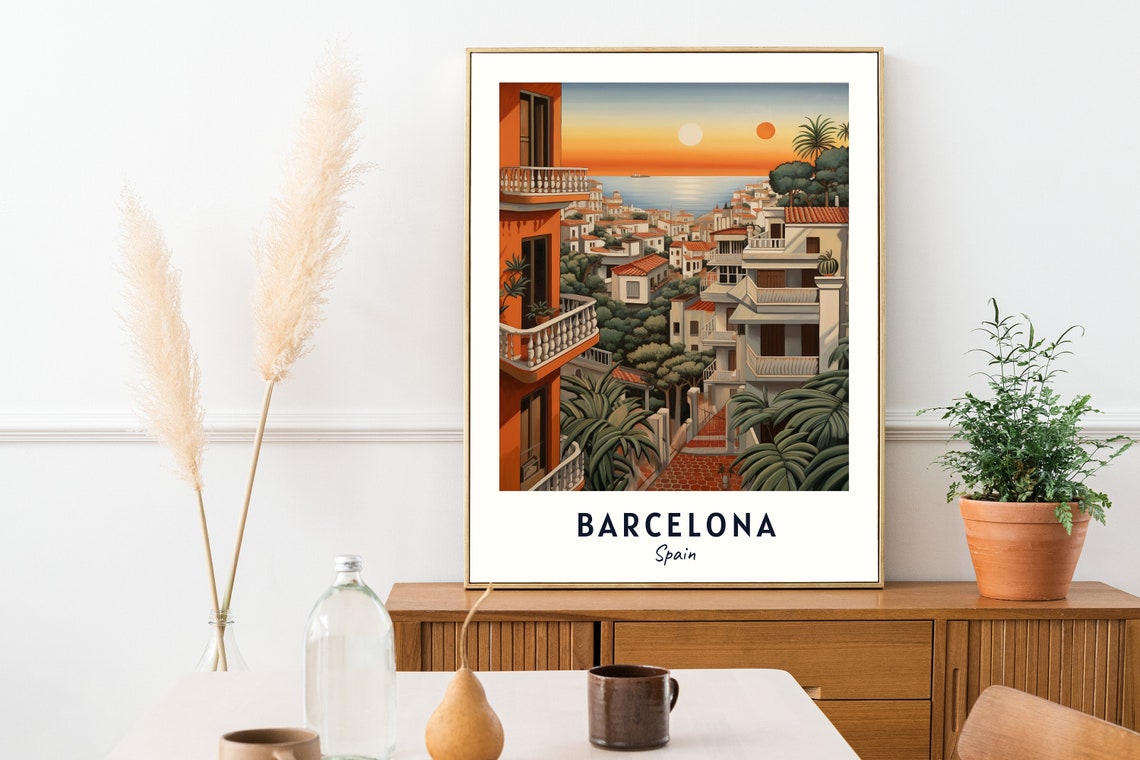 Barcelona Coastal Hillside Villas Sea Sunset Palms Travel Poster - Image 2