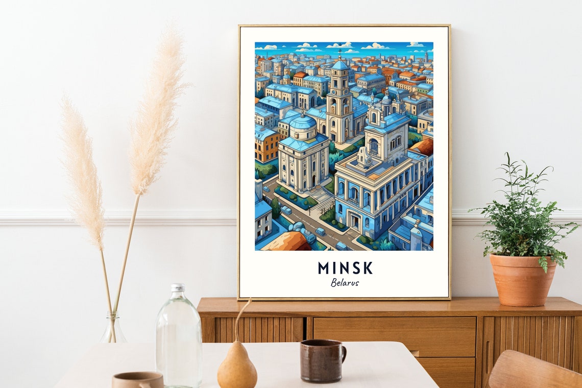 Minsk Belarus Aerial Cityscape Blue Rooftop Cathedral Travel Poster - Image 2