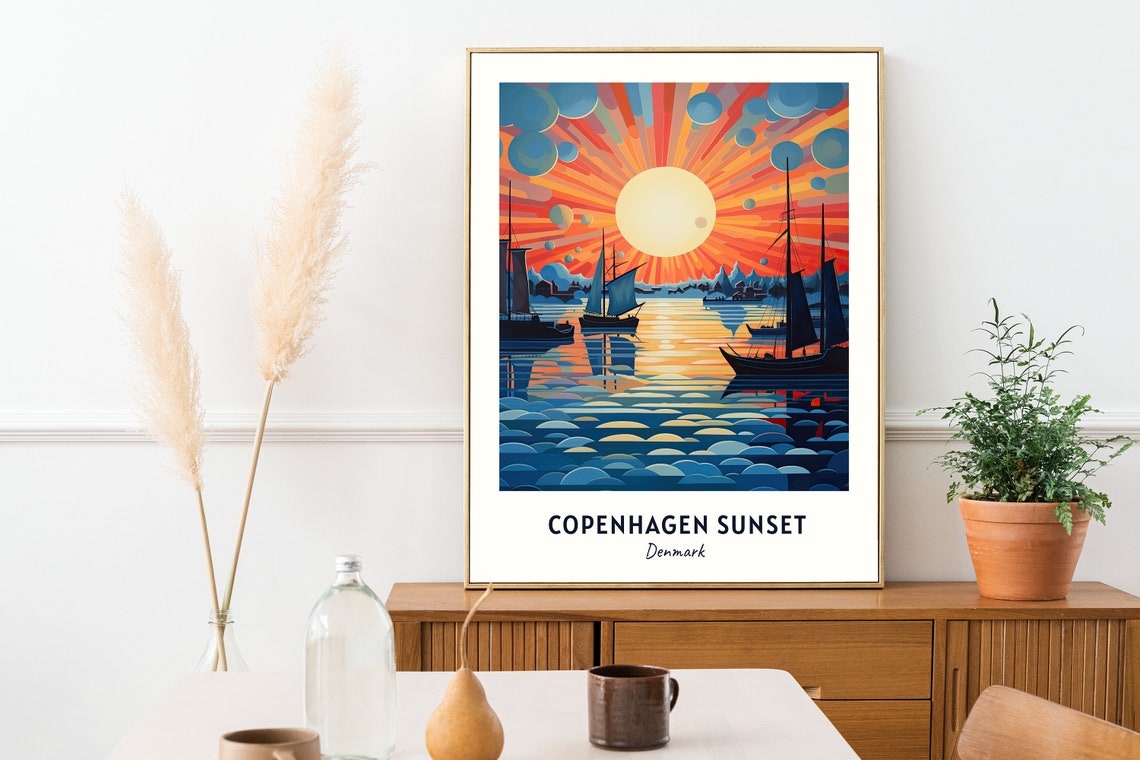 Copenhagen Sunset Harbor Sailing Ships Vintage Style Denmark Poster - Image 2