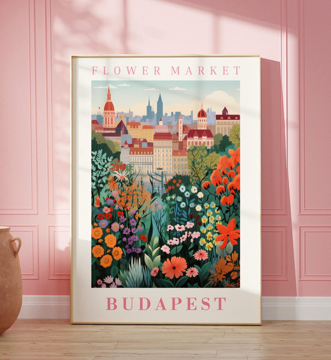 Budapest Flower Market Poster with Danube Skyline Flower Garden Art