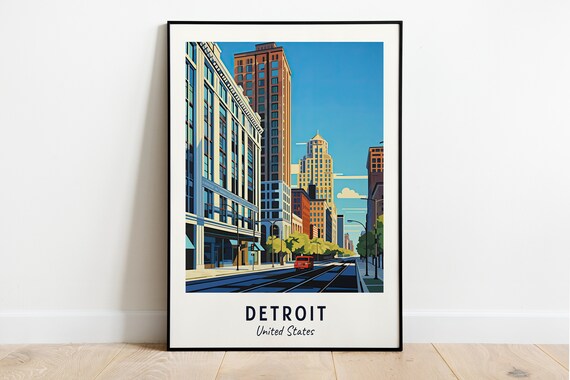 Detroit Michigan Downtown Skyline Tram Tracks City Street Poster