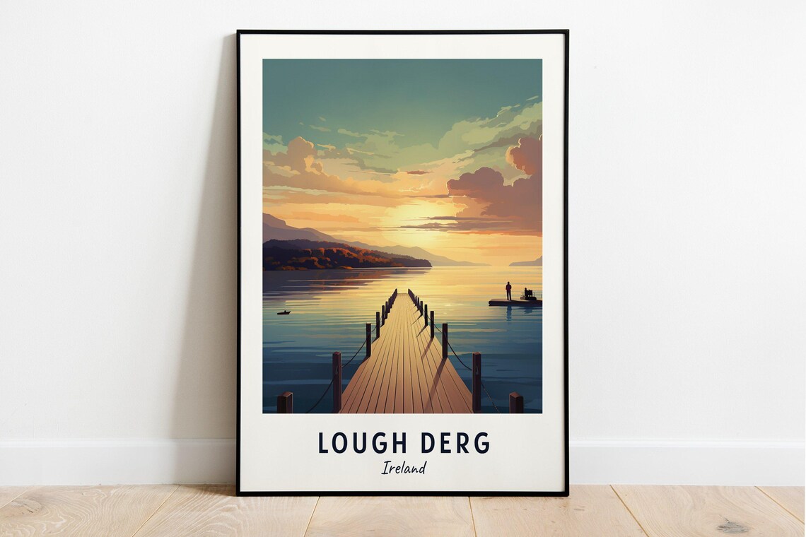 Lough Derg Ireland Golden Sunset Over Wooden Pier Travel Poster