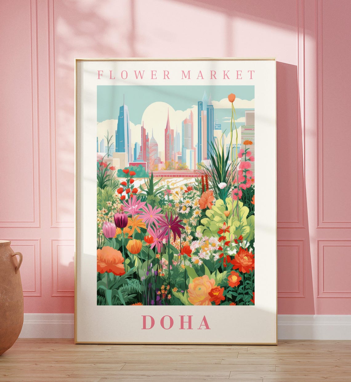 Doha Flower Market Poster with Blue Towers Wildflower Meadow