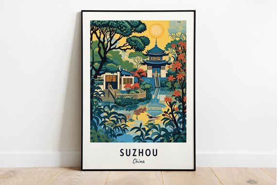 Suzhou China Classical Garden Pavilion Pond Sunset Reflection Travel Poster
