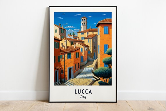 Lucca Italy Old Town Bell Tower Alley Terracotta Travel Poster