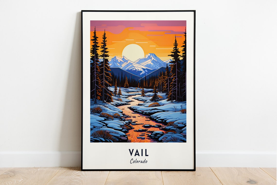 Vail Colorado Snowy Mountain Stream Sunset Winter Travel Poster