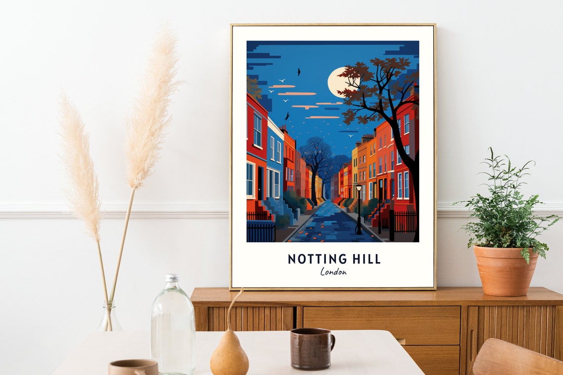 Notting Hill London Colorful Townhouses Under A Night Moon Poster - Image 2