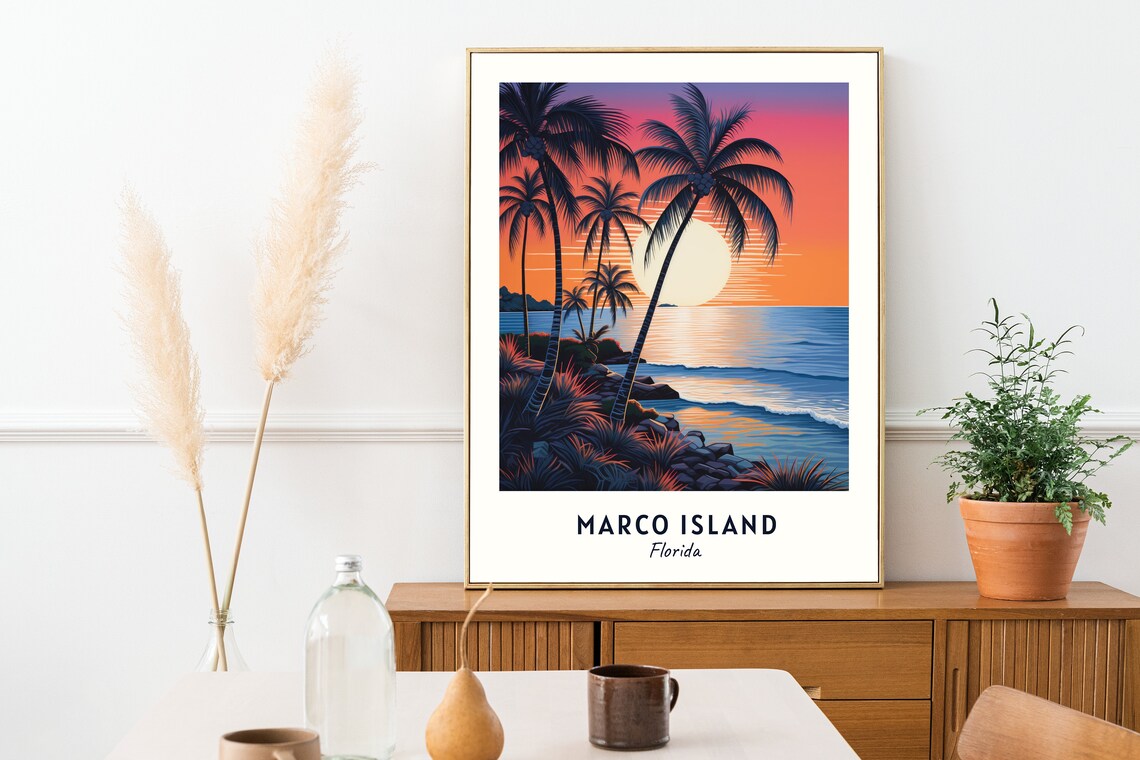 Marco Island Florida Sunset Over Palm Trees Ocean Travel Poster - Image 2