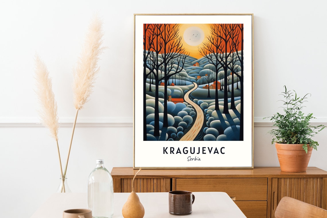Kragujevac Serbia Snowy Forest Road Winter Sunset Scene Poster - Image 2