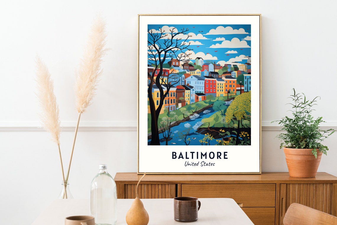 Baltimore United States Colorful Row Houses River Spring Scene Poster - Image 2