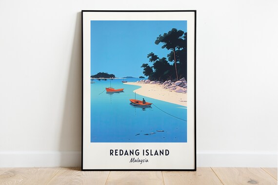 Redang Island Malaysia Minimalist Beach Red Boats Travel Poster