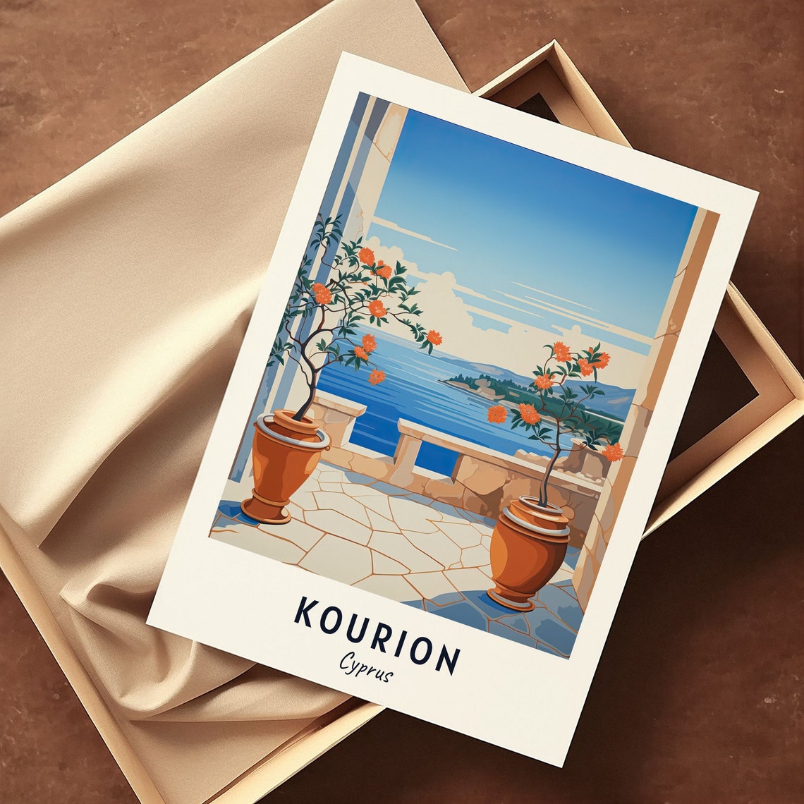 Kourion Cyprus Terrace Orange Trees Sea View Minimalist Travel Poster - Image 3