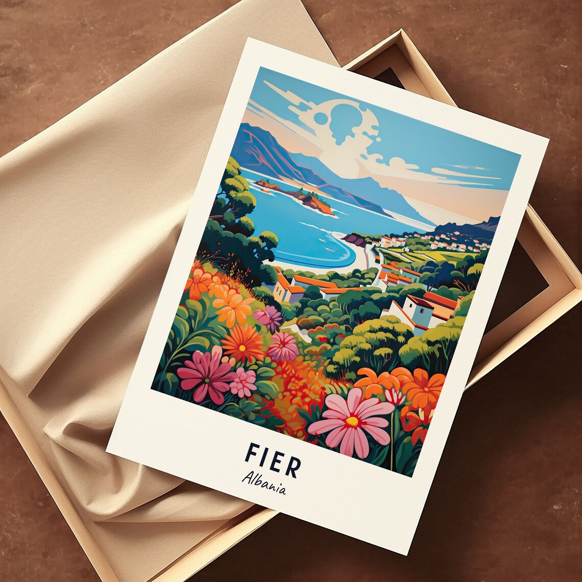 Fier Albania Coastal Bay Wildflowers Hills Colorful Travel Poster - Image 3