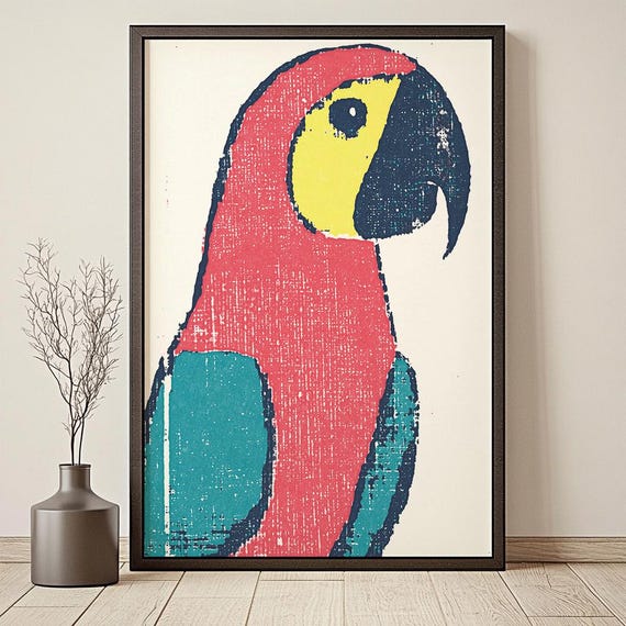 Parrot Pop Art Print Vintage Inspired Tropical Bird Poster Bold Colorful Macaw Wall Art Retro Animal Decor