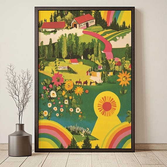 Retro Utopian Rainbow Landscape Print 70s Groovy Countryside Poster Vintage Inspired Psychedelic Wall Art