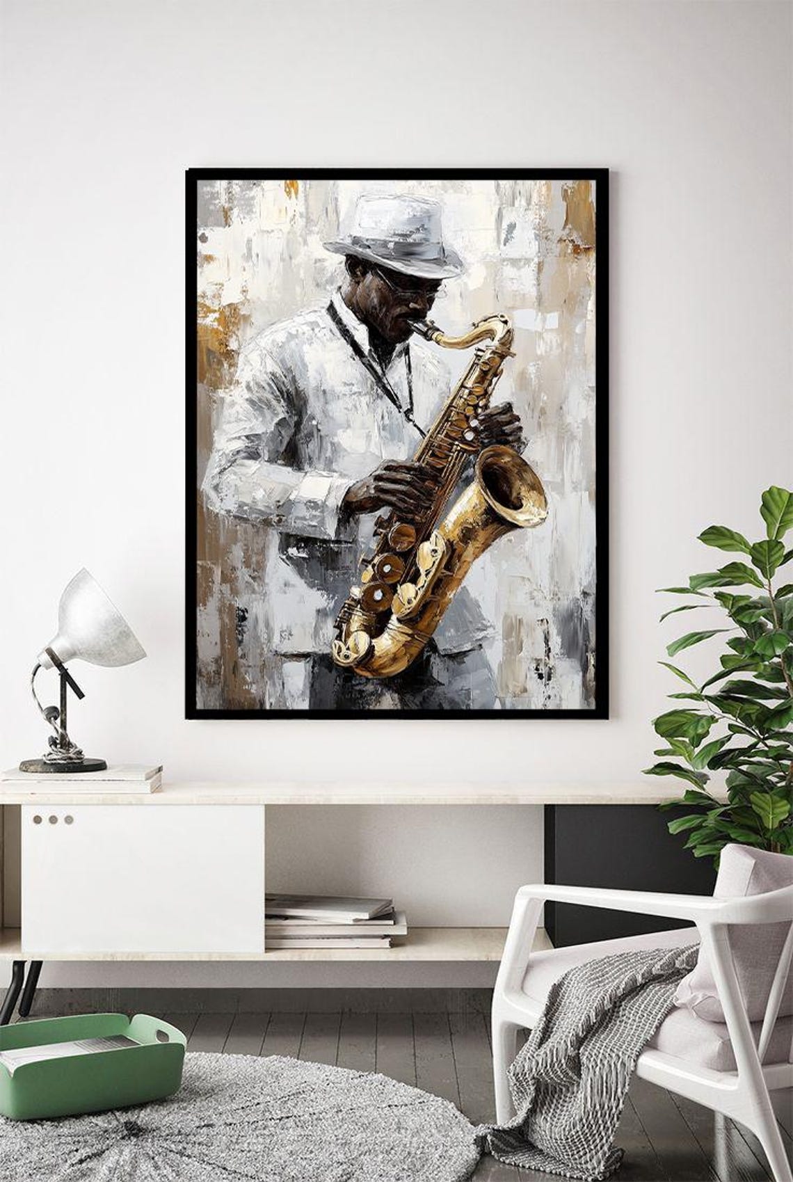 Man Playing Saxophone in White Suit Abstract Jazz Music Poster - Image 3