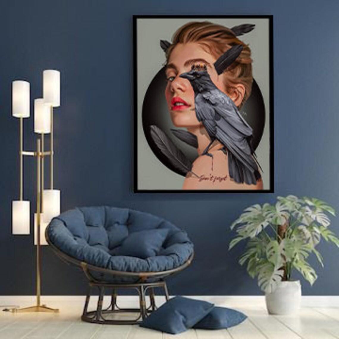 Surreal Woman Portrait with Raven Perched on Shoulder Dark Poster - Image 3