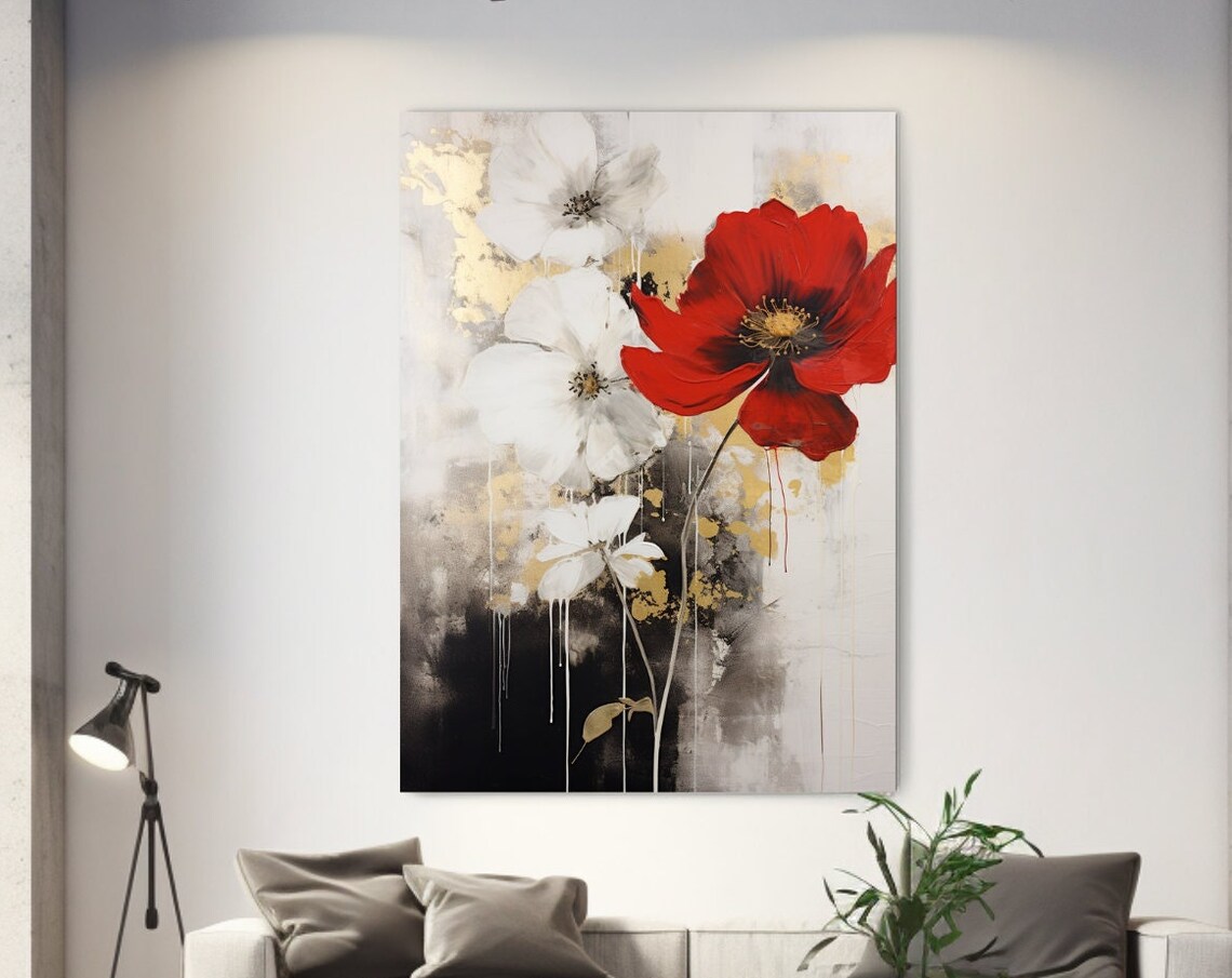 Red Poppy And White Anemones With Gold Abstract Floral Art Poster