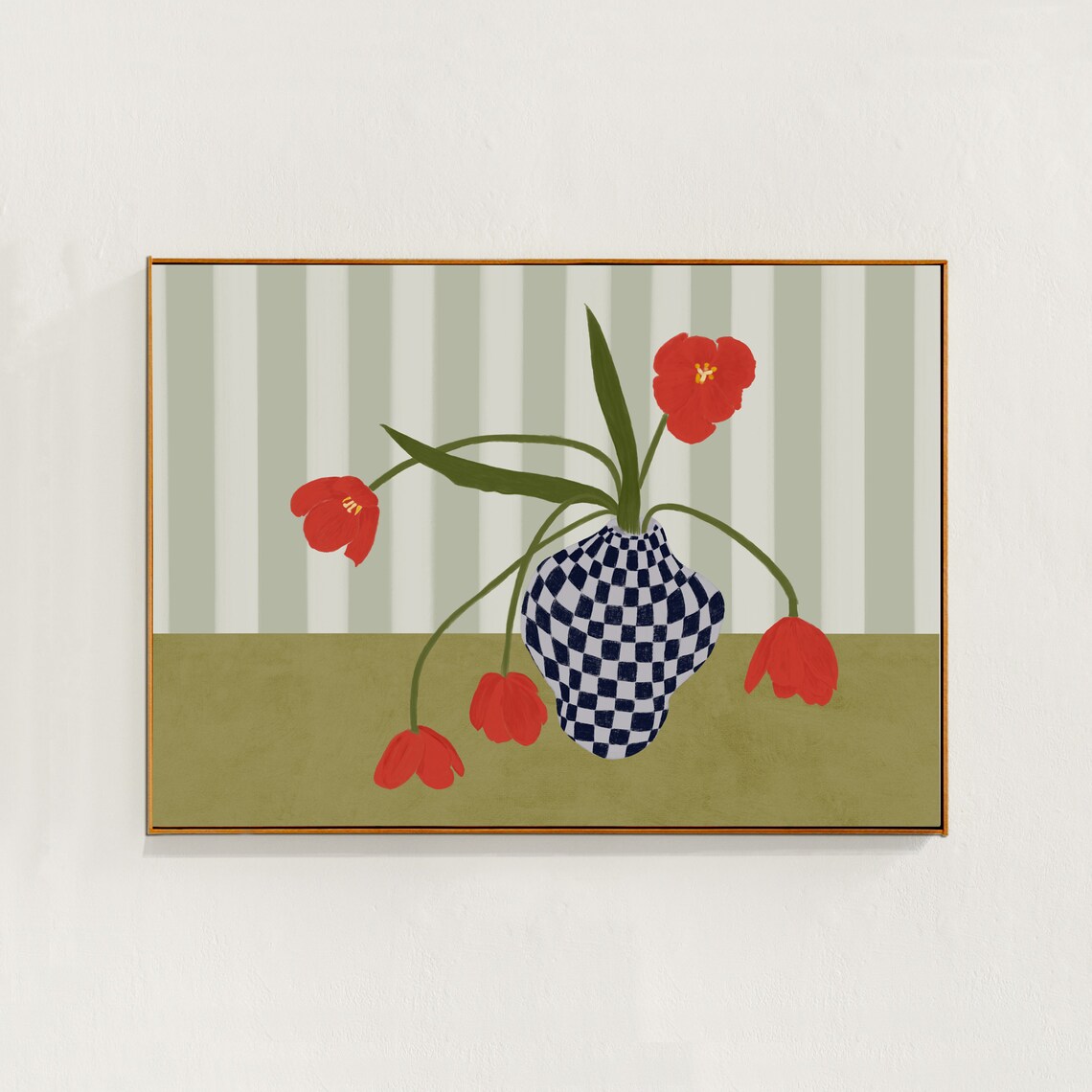 Tulips In A Checkered Vase Art Print, Botanical