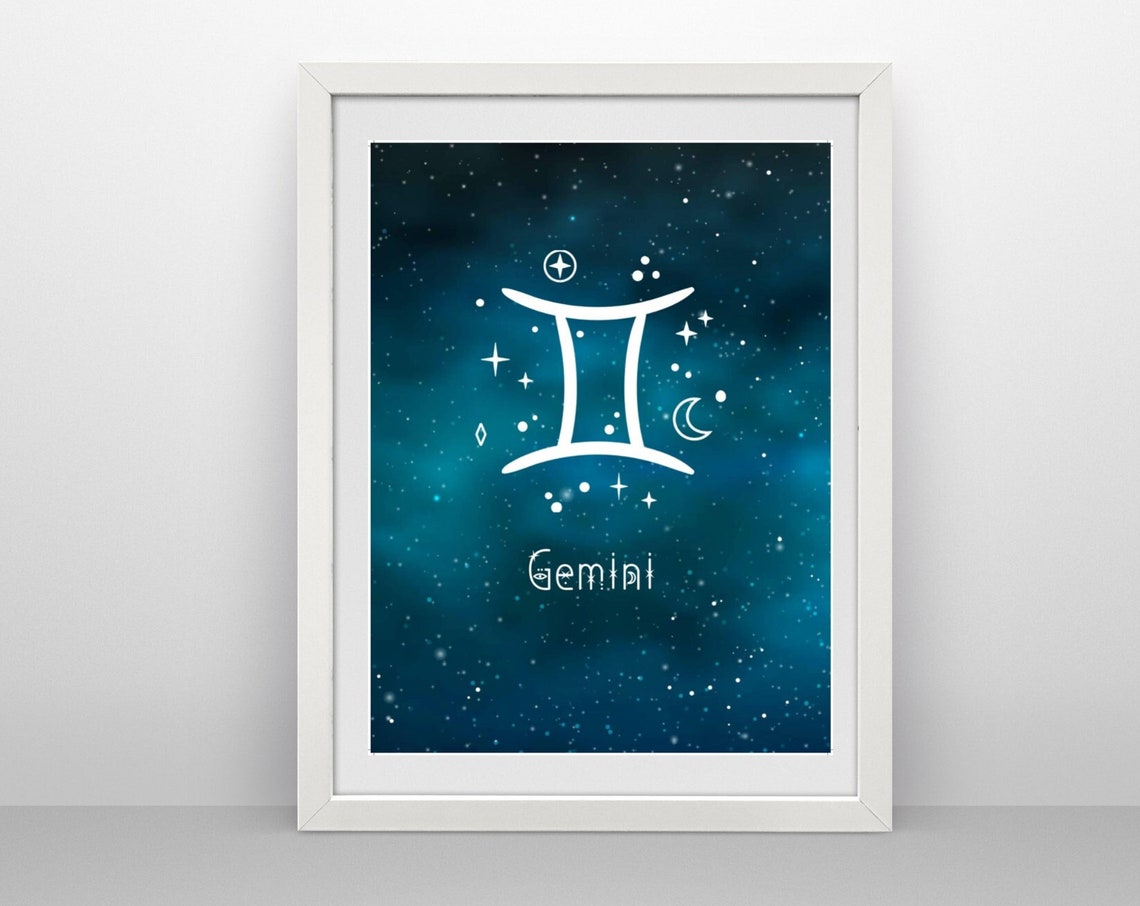 Gemini Zodiac Symbol Teal Starry Night Sky Astrology Art Print